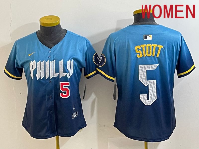 Women Philadelphia Phillies 5 Stott Blue City Edition Nike 2024 MLB Jersey style 3